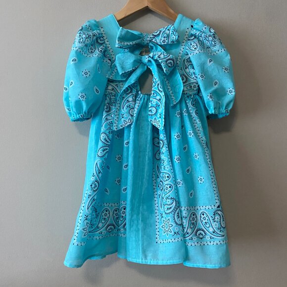 Handmade Children's 100% Cotton Blue Paisley Back Bows Dress - Picture 2 of 14